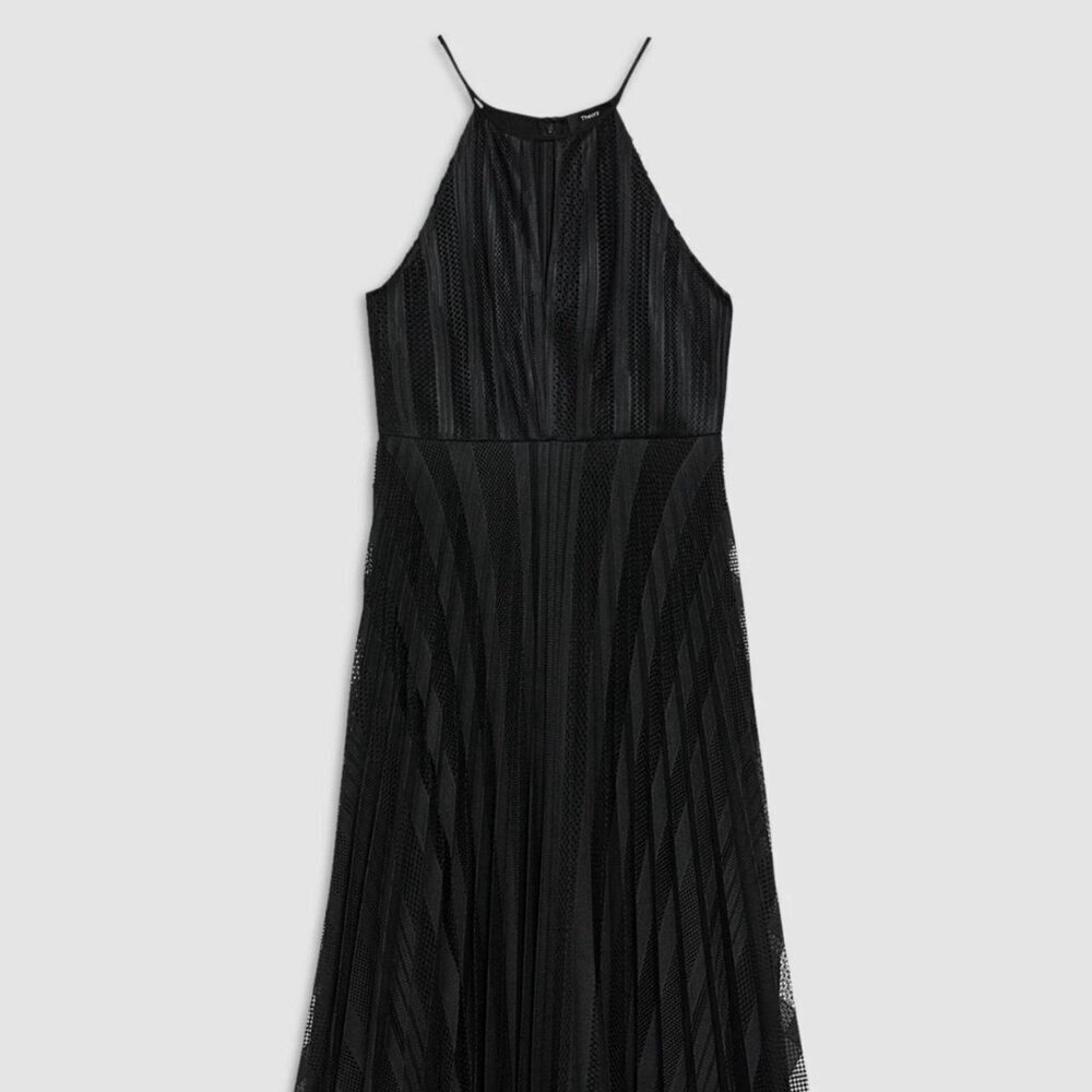 Theory Midi Pleated Dress 10 NWT Pleated Lace $595 Black High Neck Midi - Picture 3 of 7